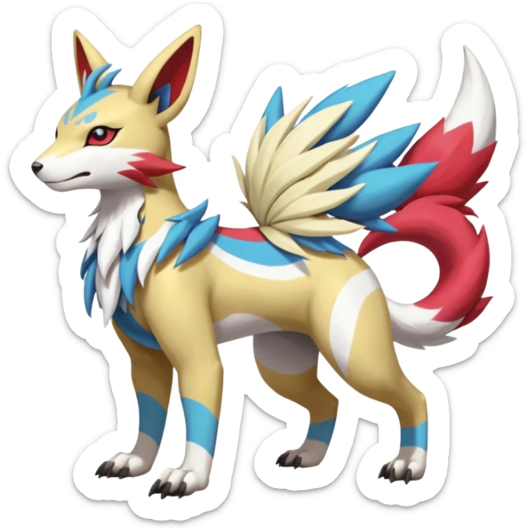 Colorful Skilled Adept Graceful Asian Painted WereGarurumon-Linoone-Meloetta-Renamon-Zangoose-fusion-hybrid-creature (full body) sticker