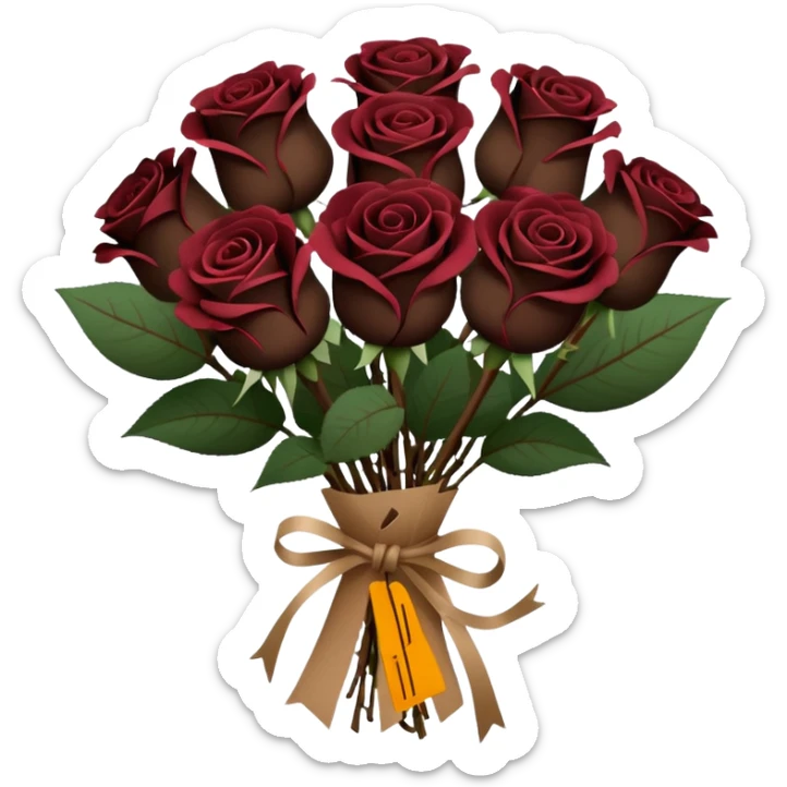 Bouquet of the darkest really dark brown roses in a paper package sticker