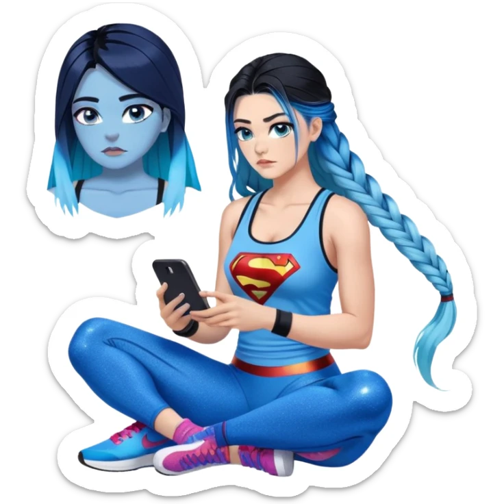 Shameful and disappointed-Female-very very very large chest-texting on a samsung cell phone-very long straight braided black to sky blue hair ombre-blue eyes-black eyeliner-long eyelashes-iridescent sky blue low cut tank top with glitter superman logo-matching leggings-nike hightop sneakers sticker