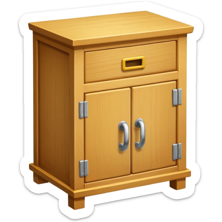 Compact emoji-style icon showing a small wooden cabinet with one door slightly open, a hammer resting beside it, and a plank of wood leaning in the background. Light brown wood tones, silver hammer head, yellow handle. Soft shadows, clean glossy look.  sticker