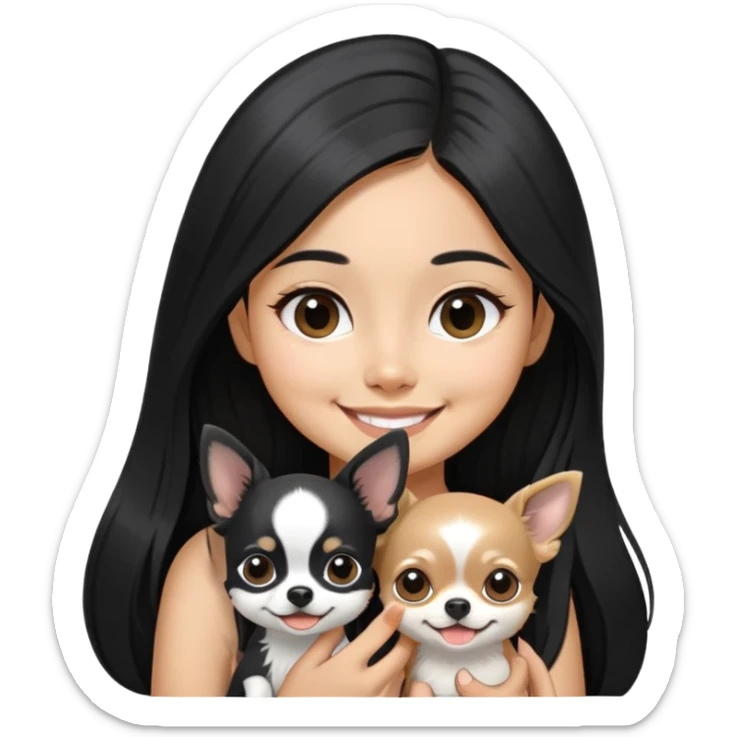 Smiling Thai girl with long black hair petting a tiny black and white Chihuahua sticker