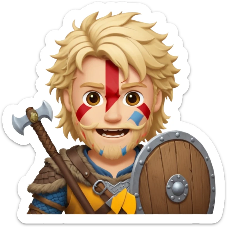 A young Viking warrior with messy blond hair, wooden shield, and fierce excited grin.
 sticker