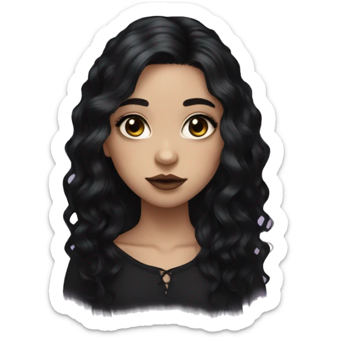 goth girl with long wavy black hair, almond shaped hazel eyes light skin with blush  sticker