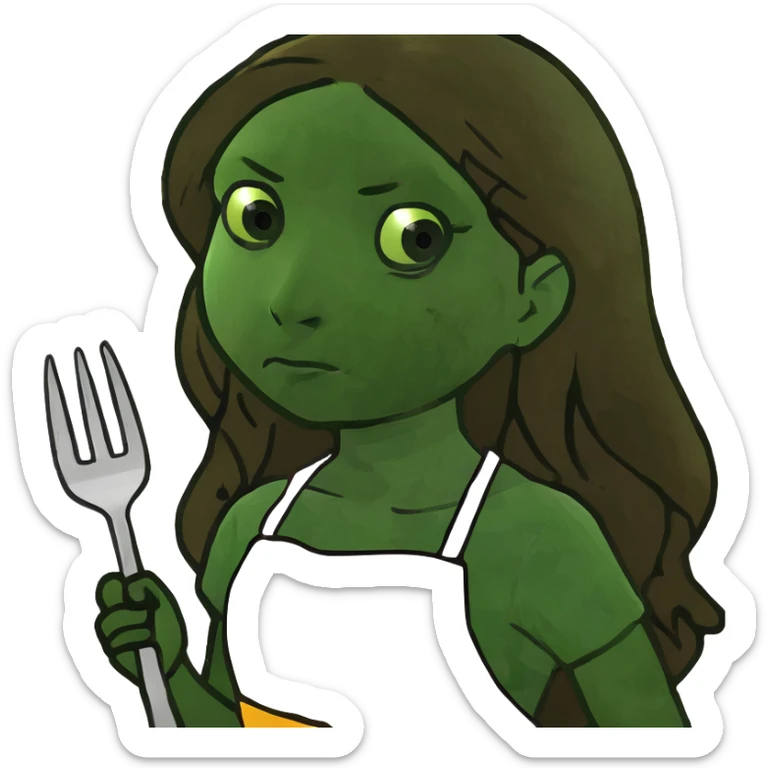 Hungry white girl with brown long hair, thinking sadly about food with fork in a hand sticker