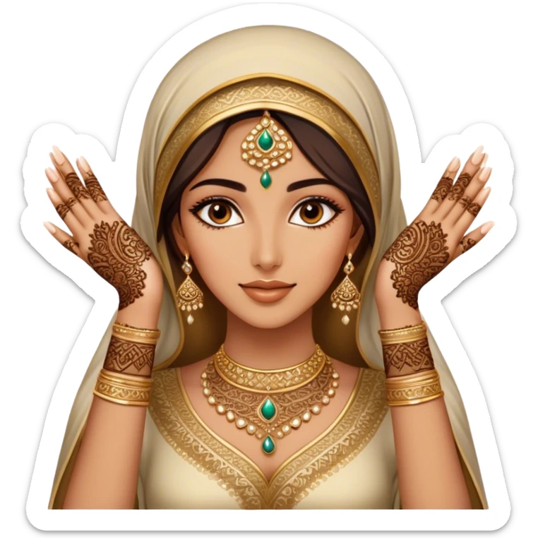 An Arab woman,showcasing her beautifully adorned hands with intricate henna designs and long, elegant nails. She wears multiple gold rings that complement her shimmering golden Arabic traditional outfit. sticker