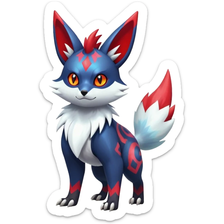 Shiny Exotic Badass Colorful Ethereal Royal Mysterious Gothic Zangoose-Zorua-Litten-Pokémon-Fakémon-hybrid-creature (full body) with colorful pattern-markings sticker