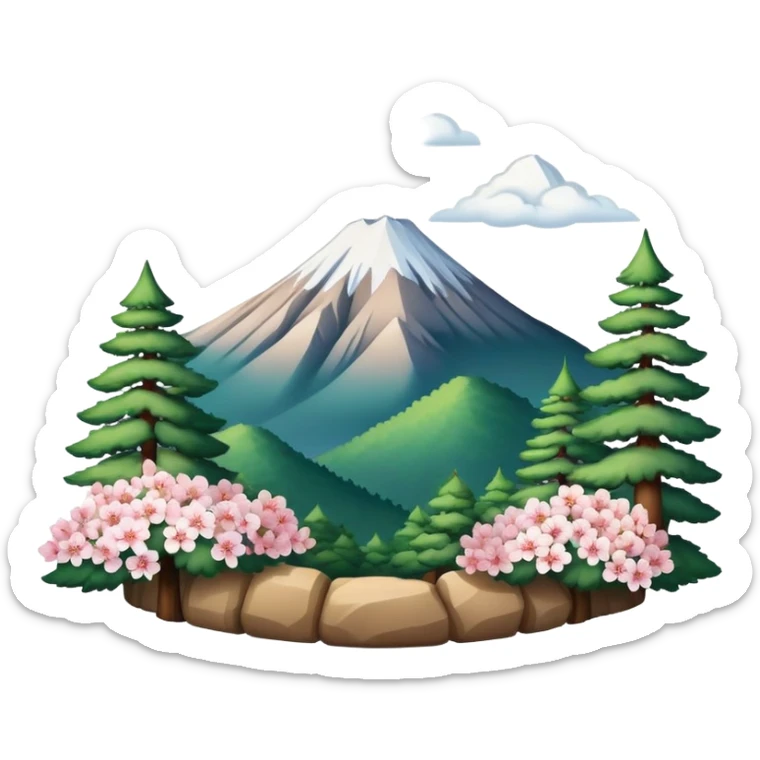 Create an emoji with the image of Mount Hallasan, symbolizing the nature of South Korea. Add pine trees or cherry blossoms for detail sticker