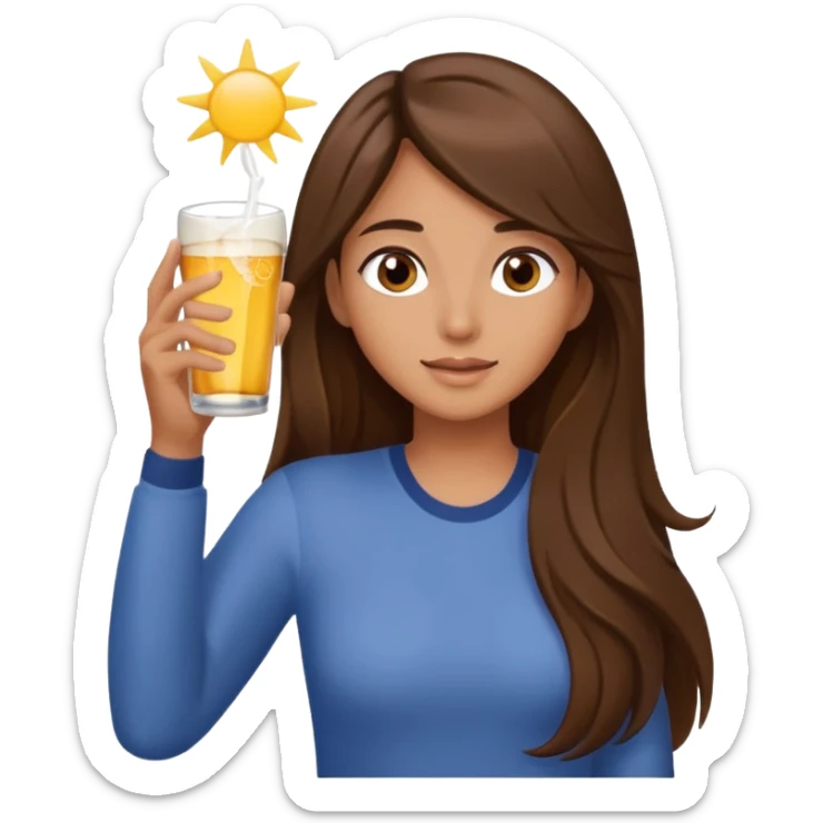 long brown hair girl with brown eyes has right hand in air chugging a corona sticker