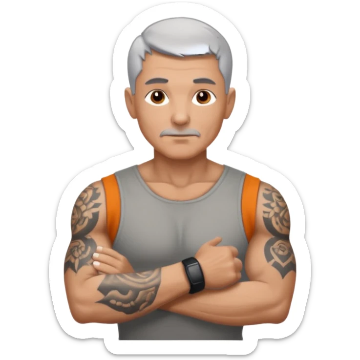 un homme de 50 ans, cheveux court gris, musclé avec le bras droit tatoué sticker