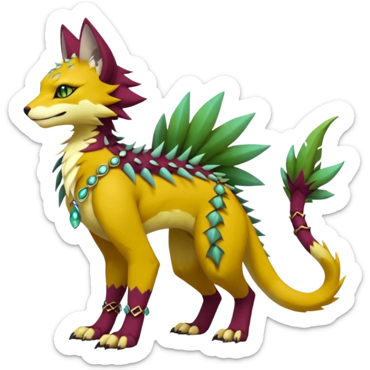 Kawaii cute reddish orangish yellowish greenish purplish exotic tribal beautiful pretty elegant divine edgy feline-vernid-sergal-Fakémon-Pokémon-Digimon-fursona-animal-creature with accessories, jewelries, full body, with intricate detailed markings, furs, fins, scales, spiny sticker