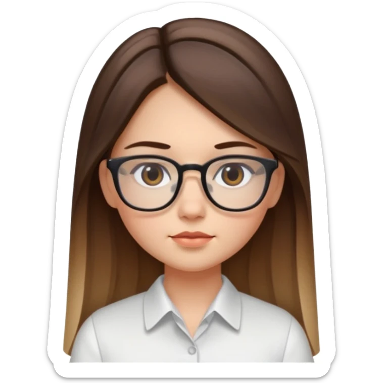 Chica de piel blanca con cabello liso largo con balayage, ojos cafe obcuro con lentes cuadrados, gordita, camisa e vestir blanca sticker