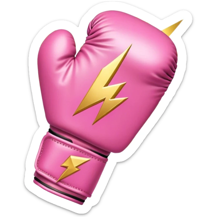 pink boxing glove with golden lightning bolts, female symbol ♀ on the backhand, sparkling stardust particles in the background sticker