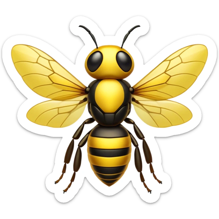Cinematic Noble Hornet Portrait Emoji, Poised and intimidating, with a sleek, segmented body in bold yellow and black hues, sharp, focused eyes, and delicate, translucent wings, Simplified yet sharp and sophisticated features, highly detailed, glowing with a soft, insectile radiance, high shine, intelligent and formidable, stylized with an air of natural authority, focused and alert, soft glowing outline, capturing the essence of a watchful and confident hornet that appears ready to buzz out of the screen with effortless power! sticker