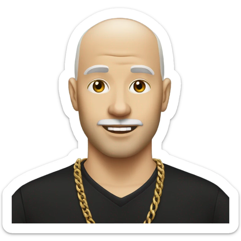 White blonde bald male in black shirt with blonde beard and gold necklace sticker