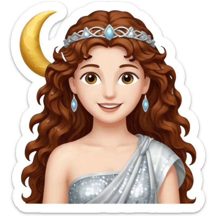 Diana, Goddess of Moon from Roman Deities with long dark auburn wavy hair, silver sequin toga sticker