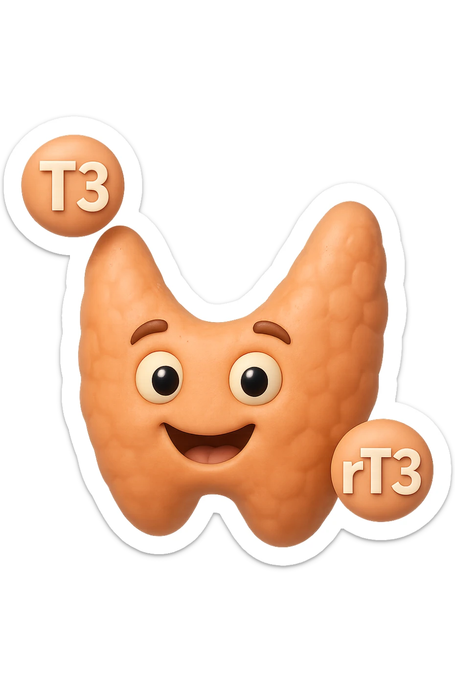 EMOJI STILE IPHONE 3D DI ormoni tiroidei (T3 ed rT3) che fluttuano in aria intorno ad una tiroide felice, iperrealistico 4k sticker