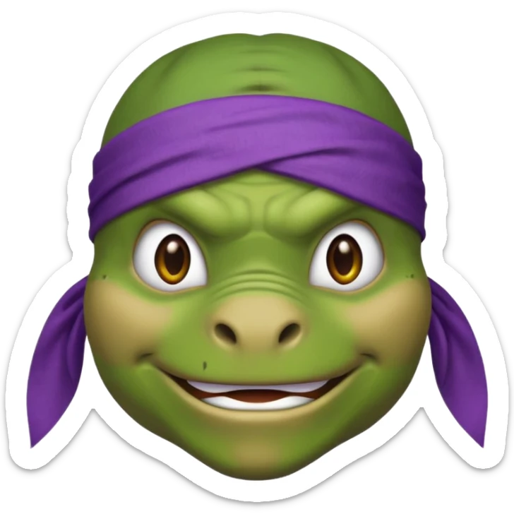 Donatello from Teenage Mutant Ninja Turtles, emoji style, head only, with a bandana sticker