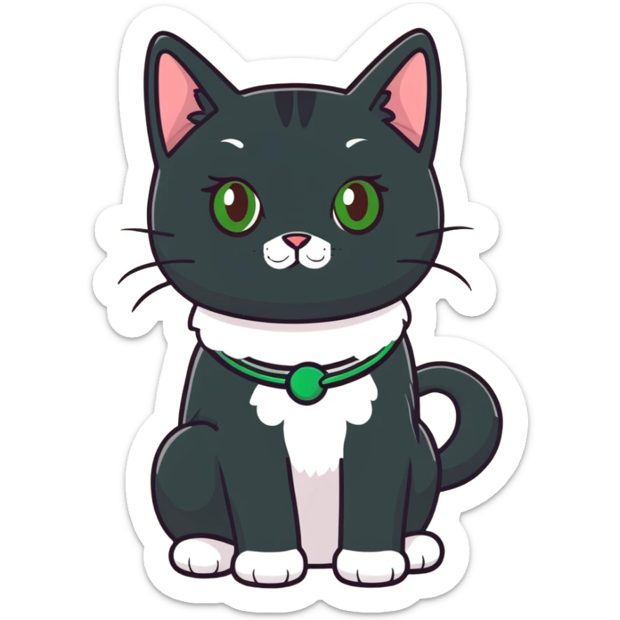 brown haired girl with light tan skin and brown eyes holding a black Bombay cat with green eyes and a black and white Tuxedo cat with hazel eyes sticker