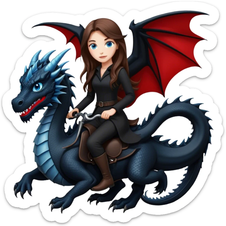 Me, a white female with long brown hair and blue eyes, wearing nothing but black clothes, and riding a VERY BLACK dragon with HINTS of RED, to your work sticker