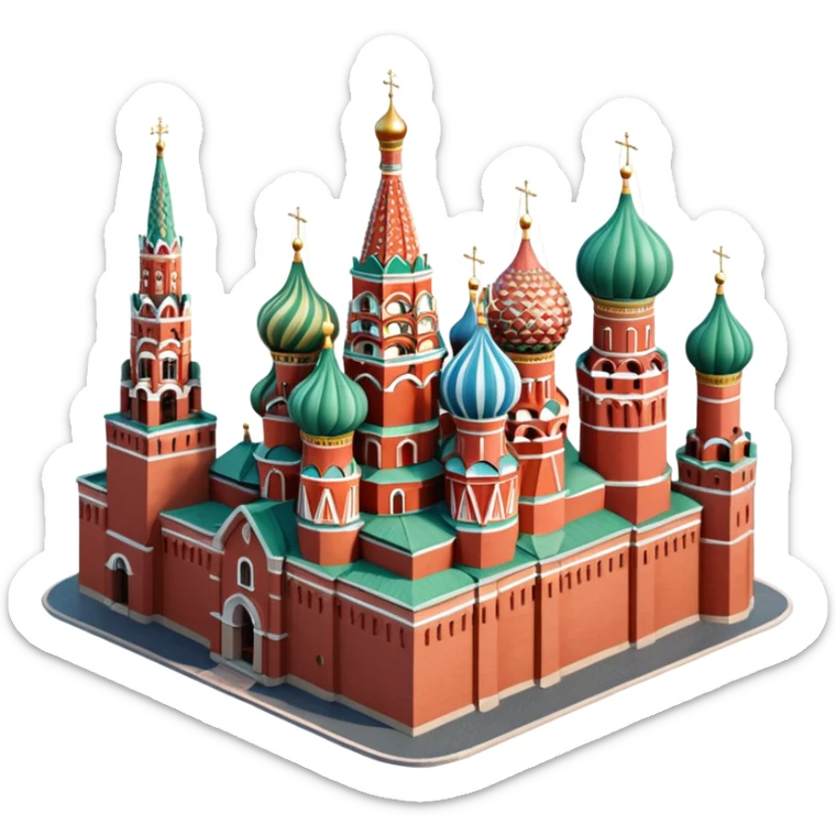 Isometric illustration of Moscow, featuring photorealistic Moscow with colorful onion domes, hand-drawn painterly details, subtle texture on bricks and roofs, realistic shadows and soft lighting, muted yet vivid color palette, diorama miniature effect. sticker