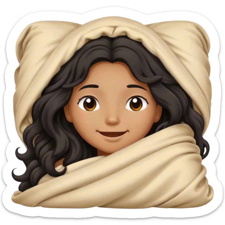 tan skin color long black wavy hair girl inside a blanket eyes closed smiling sticker