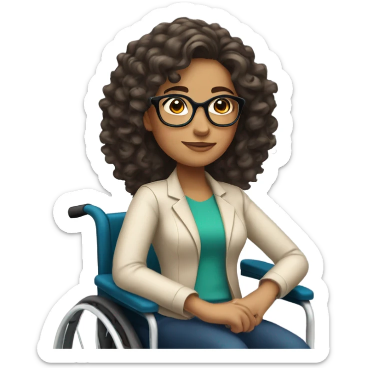 latina with long curly hair, wearing glasses, in a wheelchair sticker