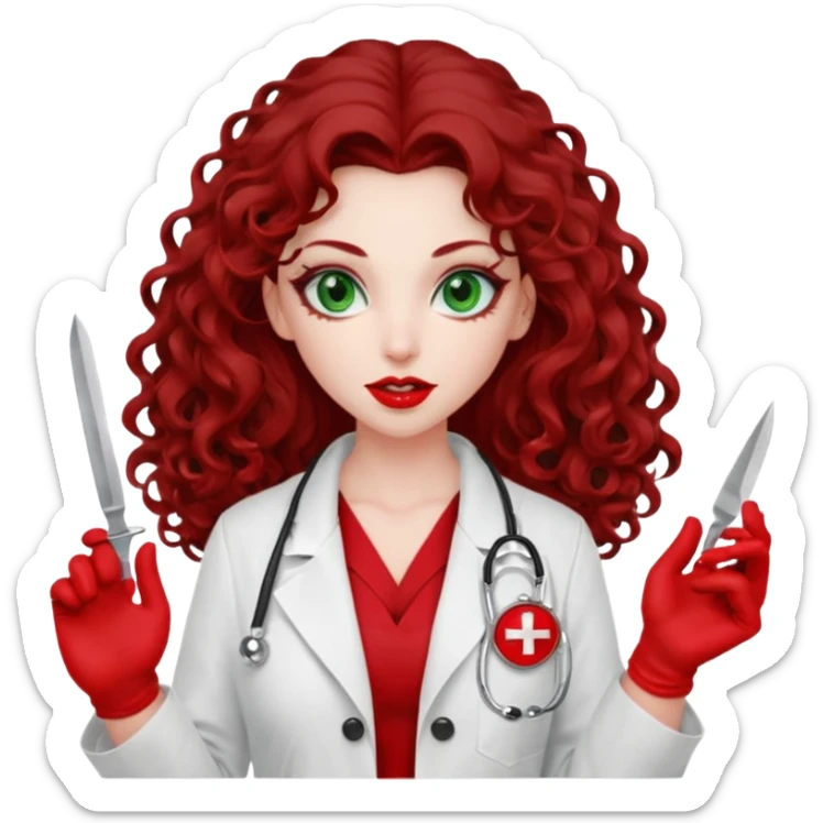 Lilith symbol sexy evil woman. She has green eyes.  had brown long curly hair.  evil surgeon kills with scalpel wears red sexy doctor coat with red mouth cover red gloves sticker