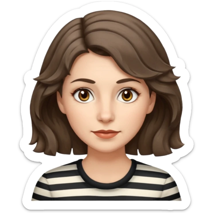 fair-skinned caucasian woman, 40s, chin-length rather wavy/unruly brown-ish hair with some white stripes (wolf haircut), hazel eyes. no glasses sticker