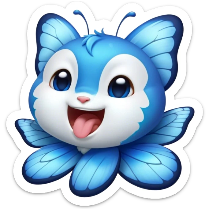 Cinematic Realistic Cute Yawning Blue Butterfly Portrait Emoji, Head tilted slightly with a dramatic, wide-open yawn, showcasing soft, downy sapphire wings with delicate, natural droop and half-closed, drowsy eyes rendered in exquisite detail, high shine, relaxed yet expressive, styled with a dash of subtle garden charm, soft glowing outline, capturing the essence of a sleepy yet affectionate blue butterfly that appears ready to rest its wings in quiet, enchanted slumber! sticker