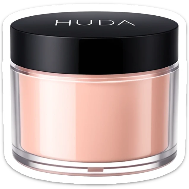 Create an emoji of Huda Beauty loose powder in its round, flat jar, short and wide, frosted or matte plastic, black screw-on lid, minimal luxe makeup packaging, clean glam aesthetic. sticker