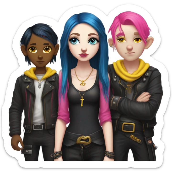 Blue eyed long eye lashes pout blonde and pink hair pale hime gyaru girl, hot pink and yellow split-dyed hair, nose ring, elf ears, dark makeup, punk clothes standing next to three diffrent men praying on their knees sticker