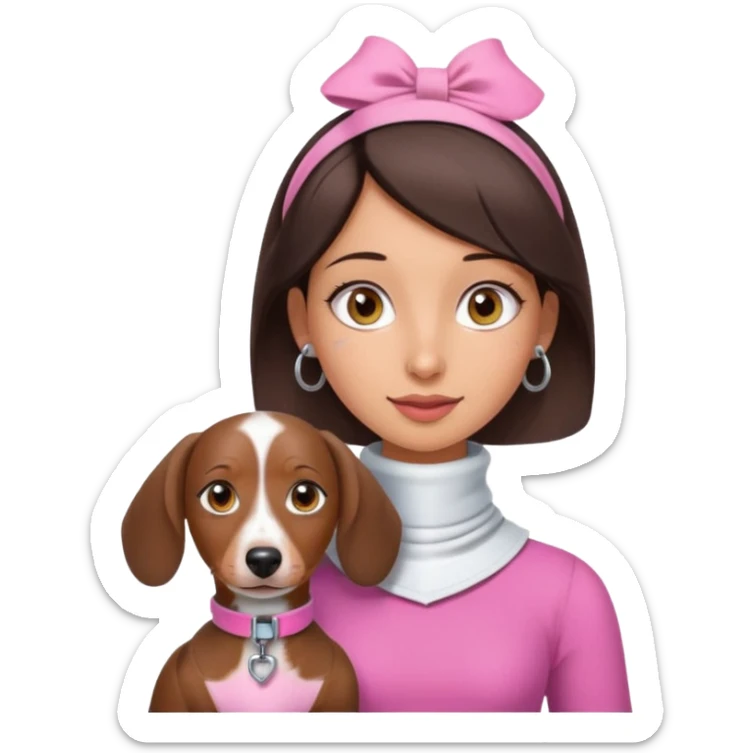 a brunette girl, olive skin, hazel eyes, pink top, neck brace on her neck, piebald dachshund next to her sticker