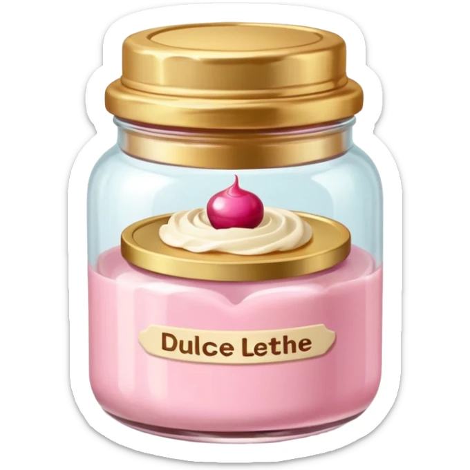 little ronded glass jar of dessert (dulce de letche) with golden lid and baby pink label sticker