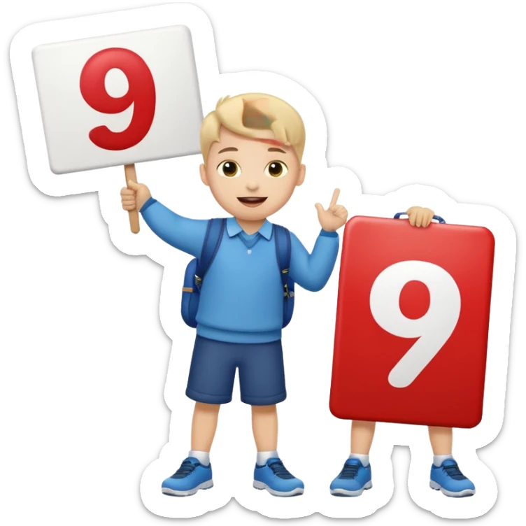 A school that has the number 9 on top of it's eyes holding a sign with the number 9 on the sign with a mouth sticking out his tongue with legs and arms with him being happy full of joy sticker