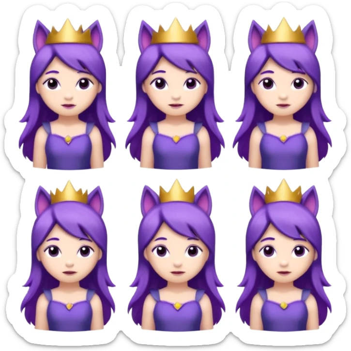 A collection of twelve chibi-style illustrations of a cute princess wearing a purple dress and crown with purple hair and purple wolf ears and purple wolf tail character. Each square shows the character expressing a different emotion against a white background And make a gap between each illusion sticker