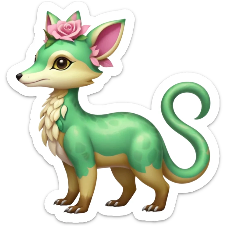 Colorful brown with rose-pink, yellow-beige-cream, jade-green tropical exotic shiny beautiful fantasy-Vernid-Cacomistle-animal-Fakémon-hybrid-fursona (full body) sticker