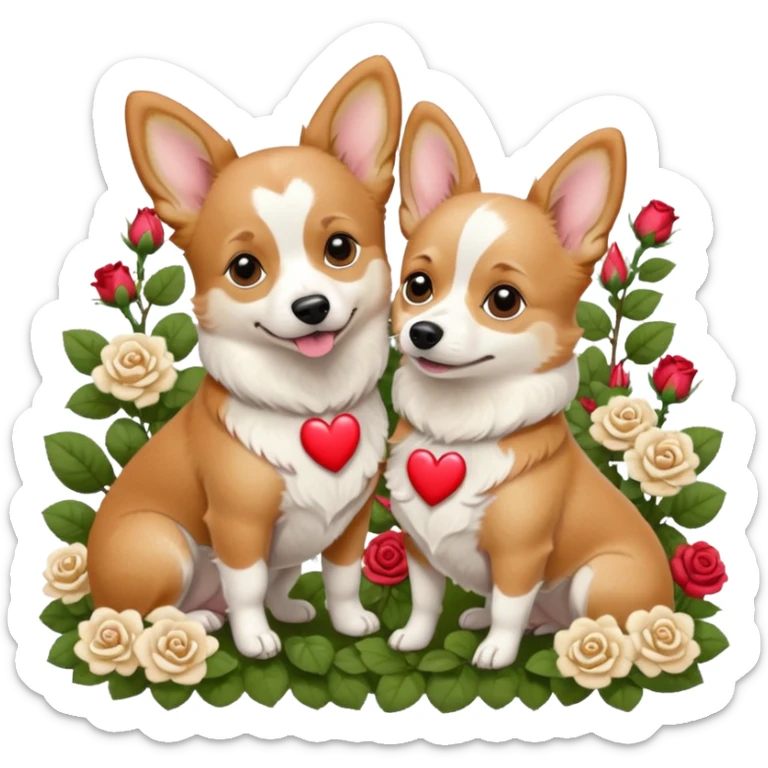 Male tan and white corgi dog with a female white Chihuahua with brown heart spots in a rose garden  sticker