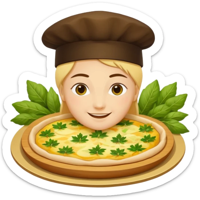 Georgian cuisine avatar in bright emoji-style illustration. Khachapuri and herbs, rich golden and green colors, simple shapes, flat design, strong character. sticker