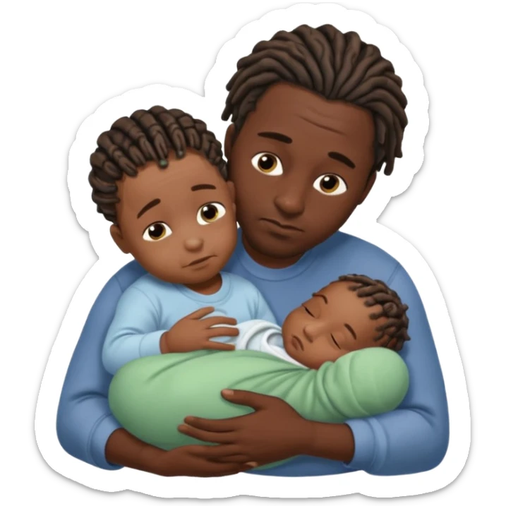 African very dark black skinDad with short dread locs, with his newborn in arm, babys face is not seen, baby has brown skin sticker