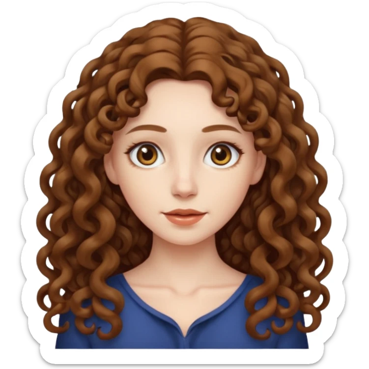 pale woman with brown curly very long hair, middle part. the hair is very long, waist length, but you can't see her waist sticker