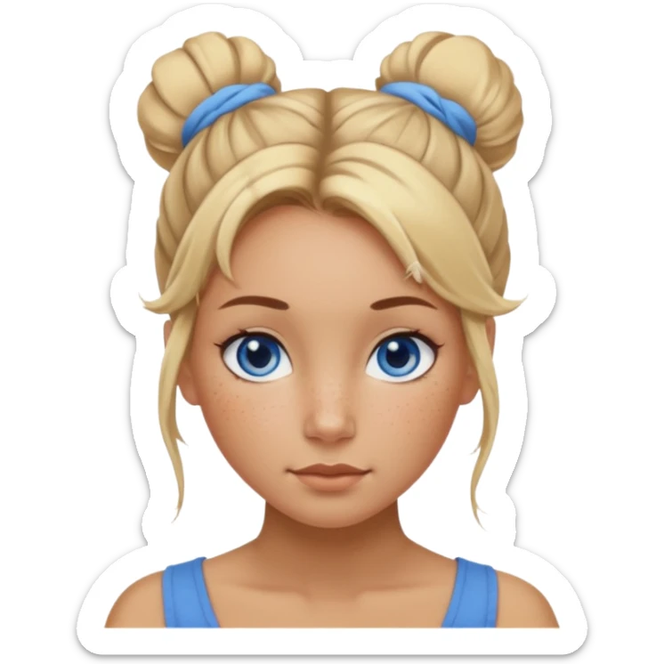 Attractive Woman with tan skin, wide face, freckles, blonde messy bun hairstyle, and blue eyes sticker