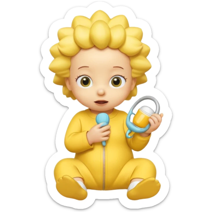 A 3D cartoon baby character entirely yellow, styled like Maggie Simpson, with pacifier, yellow onesie, big eyes, smooth shading, Memoji-style rendering, consistent with other yellow Simpsons characters, yellow skin tone. sticker