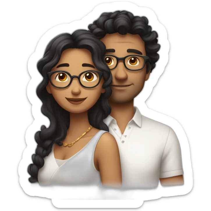 Indian woman with medium curly hair hugging a tall french man with black hair and glasses in a white shirt sticker