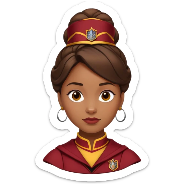 Angelina Johnson in harry potter, wear hogwarts gryfindor uniform,  thick, brown bun hair , reflecting her bold, stylish, and strong personality sticker