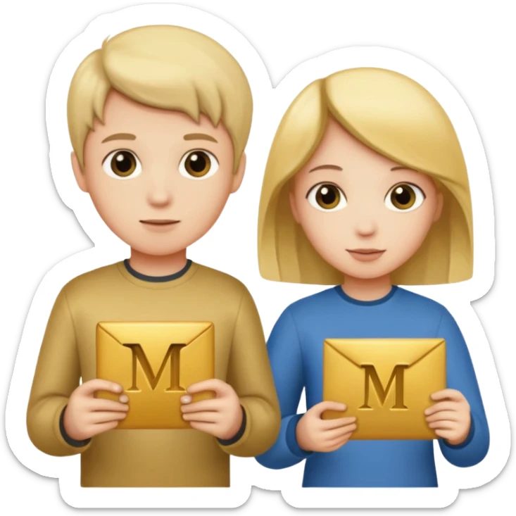 Create two letters, N and Y, in the shape of sisters. Create an image of a boy holding the letter N and a girl holding the letter M  sticker