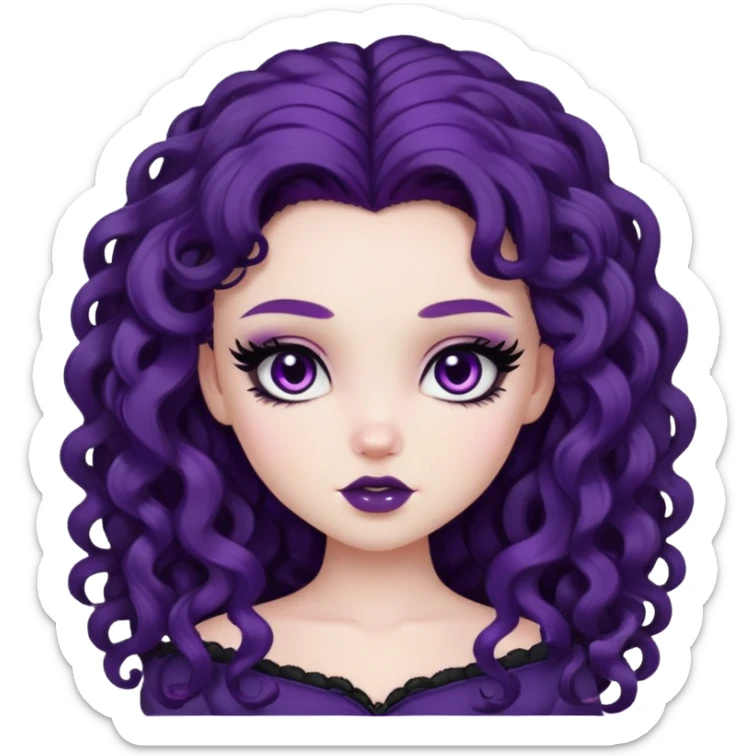 curly long dark purple hair, pale skin, brown eyes, pretty bratz baddie, black eyeliner, blush sticker