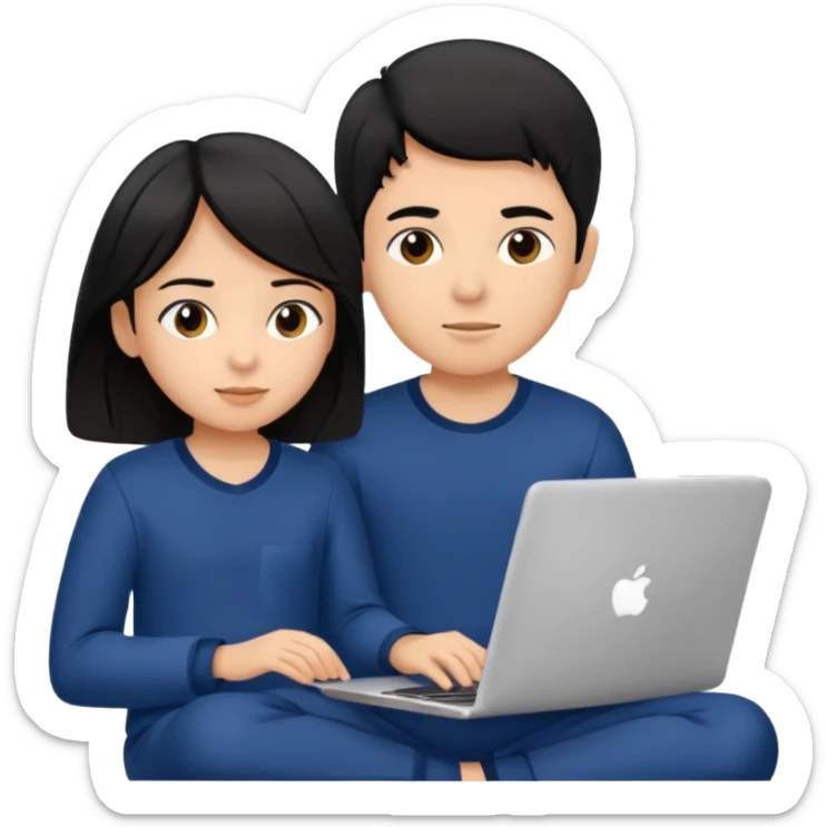 black haired boy and girl in navy blue pajamas , watching movie on laptop sticker