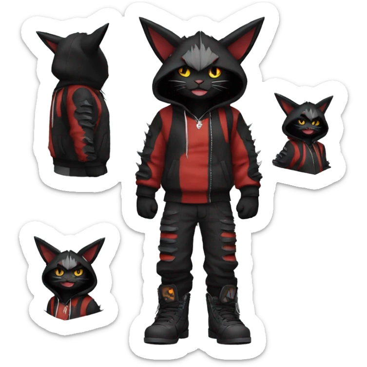 Cool Anthro Black Bat-Nargacuga-Litten-cat-Pokémon with edgy stripes hoodie spiked collar punk techwear Full Body sticker