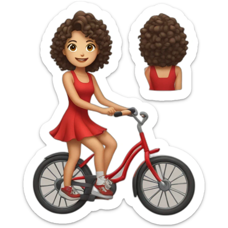 A TOK emoji of a Taiwanese girl with curly hair wearing red dress and keen shoes riding bicycle sticker
