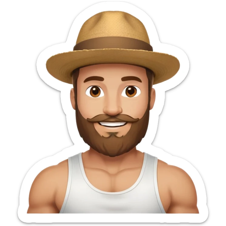 Muscular man with mid-long hair wearing a hat, big beard, smiling, white tank top sticker